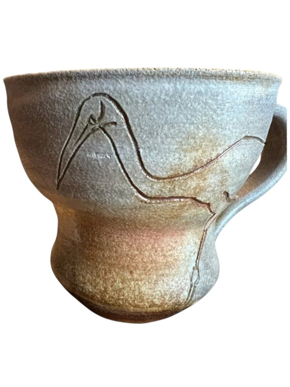 Pair of Handcrafted Pottery Mugs w Etched Cranes Anne Meyer